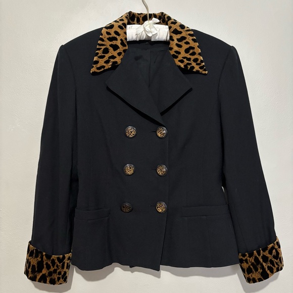80s Vintage Black Velvet Leopard Print Trim Suit Blazer Jacket Size 12 Buttons - Picture 7 of 9